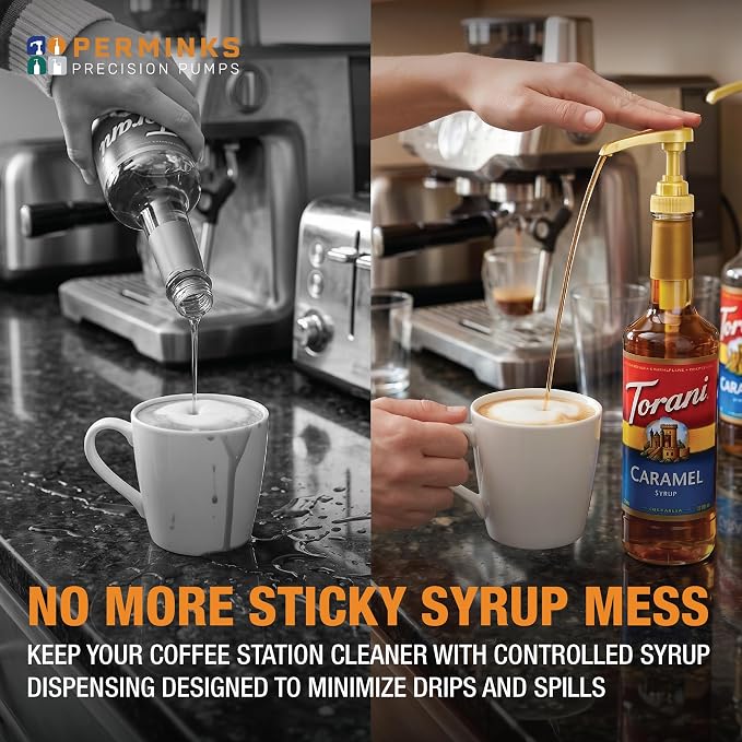 6 pack Coffee Syrup Pump Dispenser (Gold) - Compatible with Torani, Davinci and Skinny Syrup Bottles (750 ml 25.4 oz Bottles)