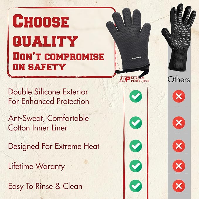 KITCHEN PERFECTION XL Silicone Griddle Gloves - Heat Resistant Oven Mitts | Waterproof, 5-Finger Design For A Better Grip, Best Griddle Grilling Accessories, Compatible with Blackstone, Weber & More