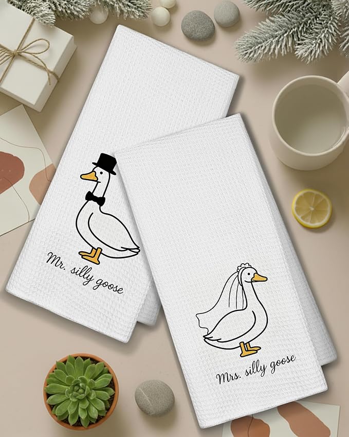 Funny Goose Hand Kithchen Dish Tea Towels for Bathroom Decor,Newlywed Wedding Gifts for Kithchen Decoration,Just Married Mr and Mrs Gifts for the Couple,16x24 Inch Set of 4