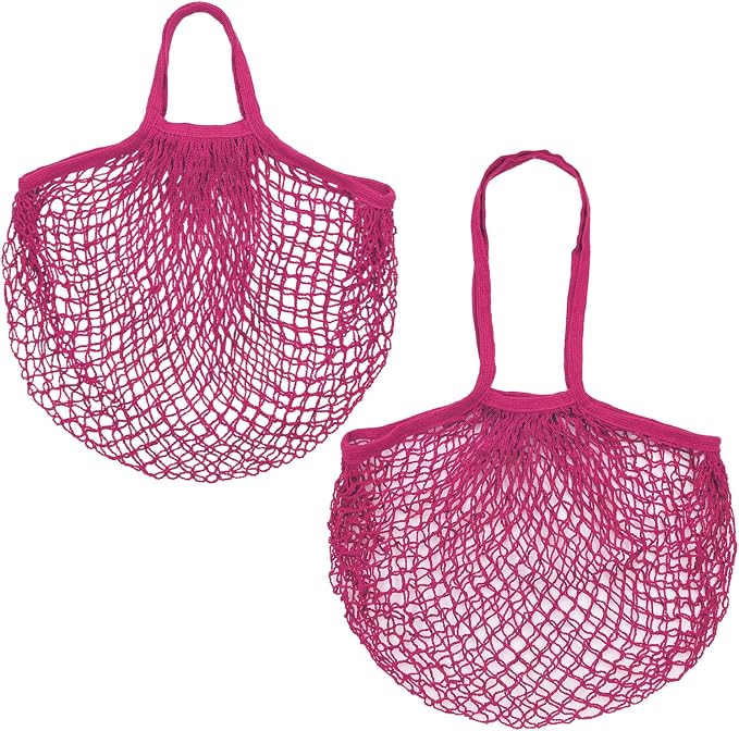 M METERXITY 2-Pack Cotton Mesh Bag, Reusable Washable Mesh Net String Grocery Bags, Reusable Produce Bags with Handle, Net Tote Bag for Fruits/Vegetables Shopping [Rose Red, Long&Short Handle]