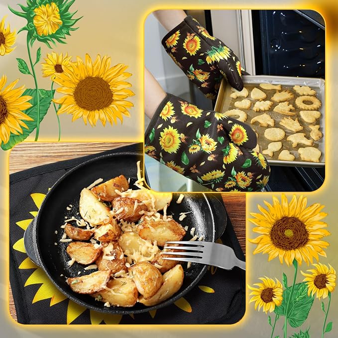 Bencailor 6 Pcs Sunflower Kitchen Decor Black Sunflower Kitchen Towels Pot Holders and Oven Mitts Sets 2 Farmhouse Cooking Mittens for Cooking Grilling Supply Accessories