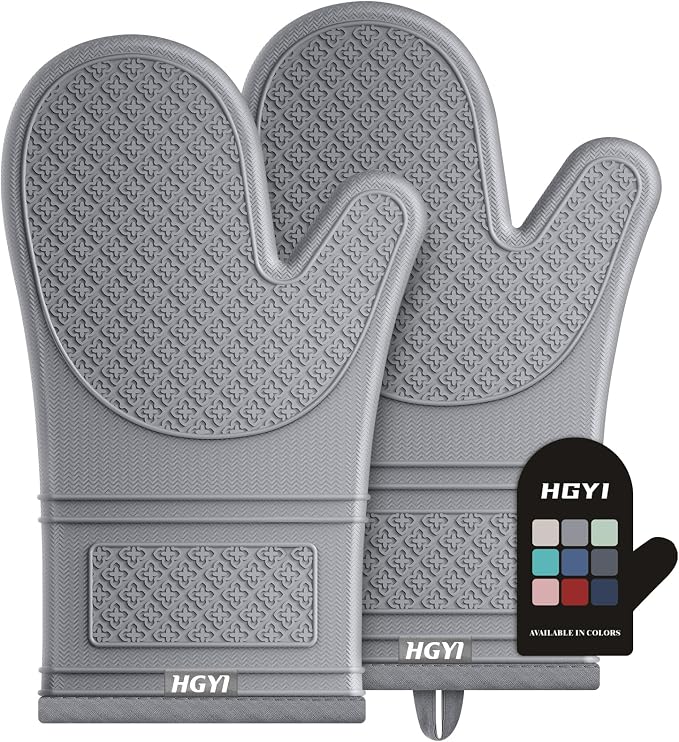 Silicone Oven Mitts, Heat Resistant Oven Gloves with Quilted Liner, Waterproof & Non-Slip Kitchen Mittens for Baking Cooking BBQ, 500°F, 12.5"-Light Gray