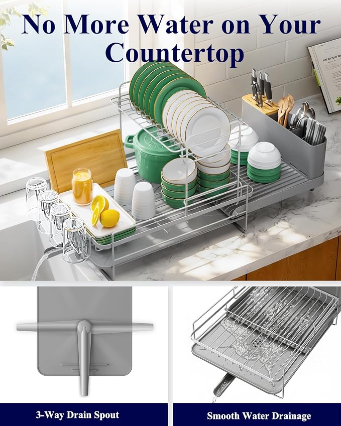Kitsure Extendable Dish Drying Rack, 19.2"-26.7" L x 12.9" W, 2-Tier | Large Dish Rack, Multifunctional Dish Rack for Kitchen Counter, Anti-Rust Dish Drainers with Cutlery & Cup Holders,Grey