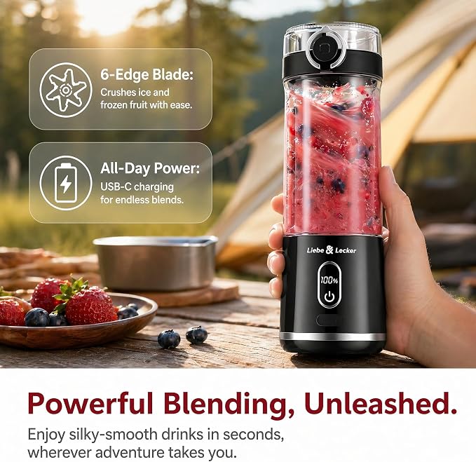 Liebe&Lecker Blender Bottle, Cordless Portable Blender | 17-Oz juicer machines Travel Cap, Removable Vessel with Smart LCD Display, Suitable for Outdoor Picnics, and Gym, Zero BPA
