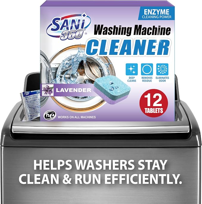 SANI 360° Washing Machine Cleaning tablets, 12 pack is Formulated with Enzyme, Deep Cleans and Deodorizes Front and Top Loading Washers use up to 1-year supply Lavender Scent