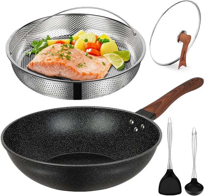 AOSION 13'' Nonstick Wok, Woks & Stir-Fry Pans with Lid and Steamer Basket