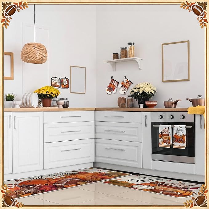Fanfanwin 10 Pcs Fall Football Kitchen Decor and Accessories Set Autumn Kitchen Towels Pot Holders Oven Mitts and Rugs Set Football Decorations for Home Baking Cooking BBQ Housewarming Gifts