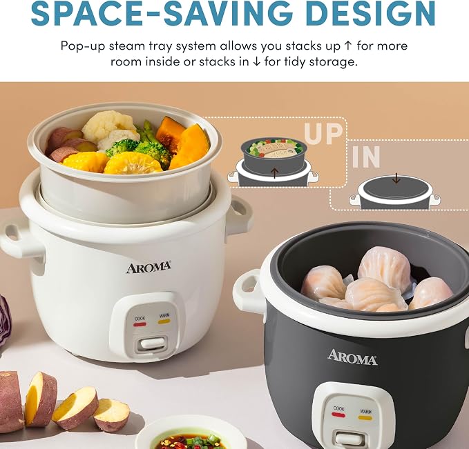 AROMA® CoreCoat Rice Cooker with Pop-Up Food Steaming Basket (4 Cups Cooked, 2 Cups Uncooked)