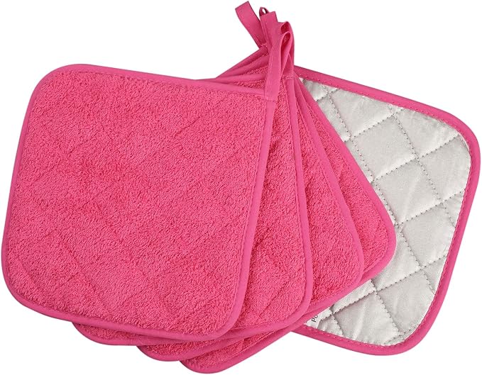 100% Cotton Kitchen Everyday Basic Terry Pot Holder Heat Resistant Coaster Potholder for Cooking and Baking Set of 5 (Dark Pink)