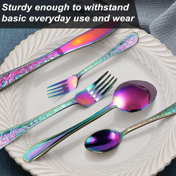 Runfly Vintage Carved Rainbow Stainless Steel 20-Piece Flatware Set | Silverware Set, Modern Embossed Cutlery Set Utensils Kitchen Including Fork Spoon and Knife