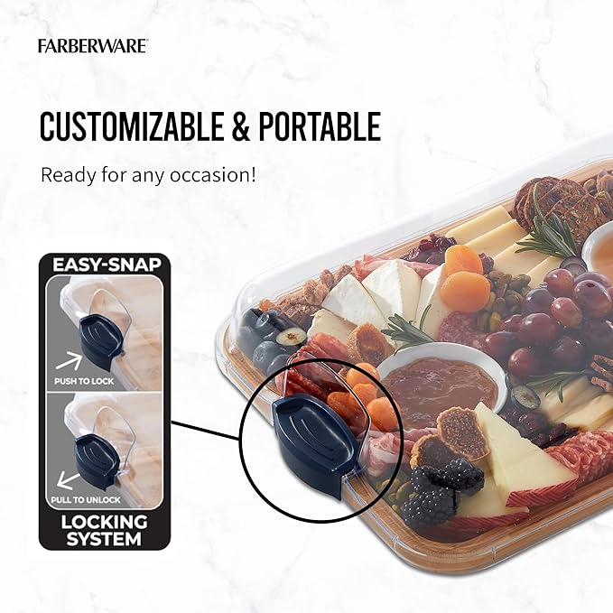 Farberware Bamboo Cutting Board with Clear Locking Lid, 11x14 Inches - Charcuterie Board with Recessed Handles, Raised Edges, Reversible Surface - Make It, Take It, Enjoy It