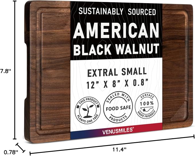 Walnut Wood Cutting Board for Kitchen with Deep Juice Groove & Side Handles, 12”L x 8”W x 0.8”H, Handcrafted North American Black Walnut Wood Grain, Small Chopping Board, Reversible Butcher Block
