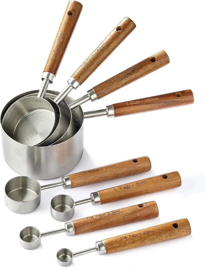 8PCS Measuring Cups, DAJLFA Stainless Steel Measuring Cups and Spoons Set with Ergonomic Wooden Handle for Cooking & Baking