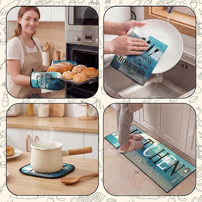 10 Pcs Kitchen Decor and Accessories Set, Farmhouse Teal | 4 Dish Towels Kitchen Rugs 2 Oven Mitts 2 Pot Holders, Home Decor for Cooking Baking BBQ Gifts Women Mom Housewarming