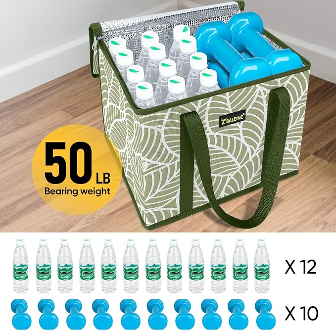 BALEINE 1PK Insulated Reusable Grocery Bag, Heavy Duty Shopping Tote | Foam & Foil Insulation, 9" Long Handles, Reinforced Bottom Keeps Upright, Fold Flat Storage, Water-Resistant Shopping Bag