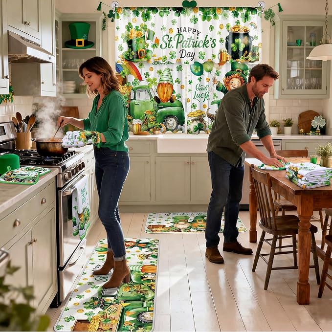 13 Pcs St. Patrick's Day Kitchen Decor Set 3 Shamrock Kitchen Curtains Valance 2 Irish Rugs and Mats 4 Hand Towels 2 Pot Holders 2 Oven Mitts for Home Decor Cooking Grilling Housewarming Gift