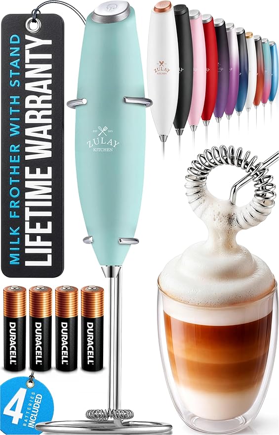 Zulay Kitchen Powerful Milk Frother Wand With Duracell Batteries - Ultra Fast Handheld Drink Mixer - Electric Whisk Foam Maker for Coffee, Lattes, Cappuccino & Matcha - Z1 Motor - Fresh Mint