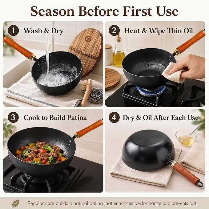 WANGYUANJI Carbon Steel Wok with Lid, 8.7" Small Mini Wok Pan, Thickened Heavy Duty Flat Bottom for Deep Frying, Camping & Solo Meals, Induction Ready, Seasoning Required