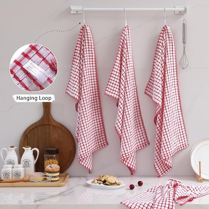 Mordimy Premium Cotton Kitchen Towels 16"x 25", Red Check Design, 8 Pack | Super Absorbent Terry Kitchen Hand Towels, Large Natural Ring Spun 360 GSM Dish Towels, Soft Tea Towels with Hanging Loop