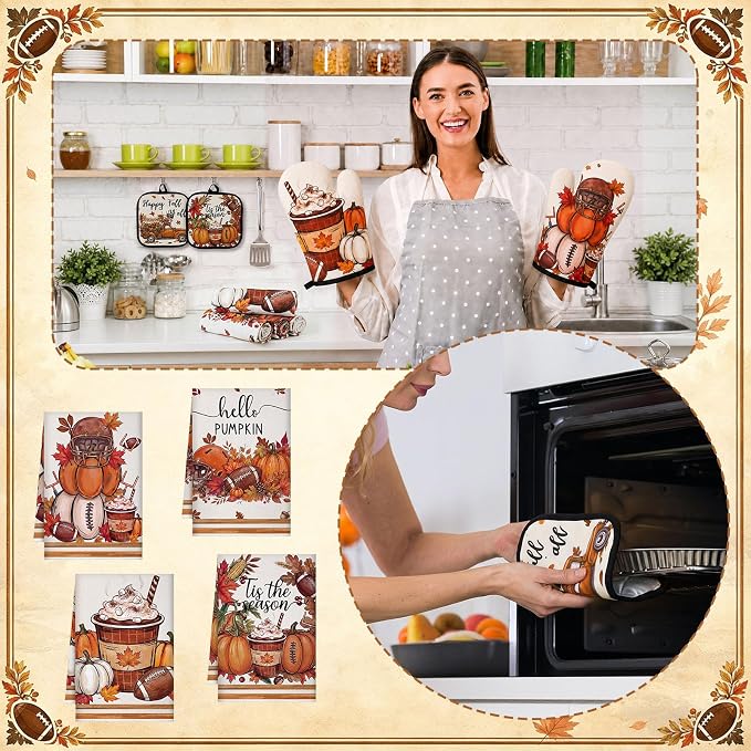 Fanfanwin 10 Pcs Fall Football Kitchen Decor and Accessories Set Autumn Kitchen Towels Pot Holders Oven Mitts and Rugs Set Football Decorations for Home Baking Cooking BBQ Housewarming Gifts