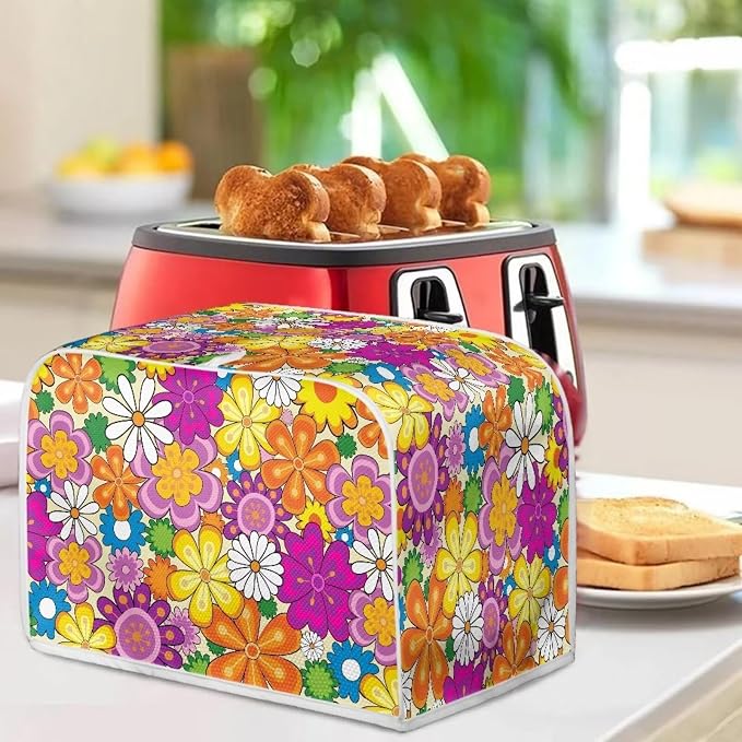 Daisy Print Food Toaster Cover Multicolor, Floral 2 Slice Wide Slot Oven Protector Fingerprint Protector, Foldable Small Appliance Protection Anti-dust Bread Machine Cover