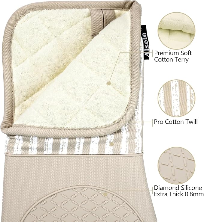 Alselo Silicone Oven Mitts Heat Resistant 932℉ with Waterproof & Non-Slip | Kitchen Mittens Set of 2,Extra Long 7.5"x15" Oven Gloves with Soft Cotton Terry Lining for Baking Cooking BBQ (Khaki,2)