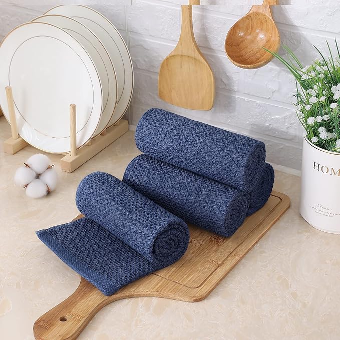 Kitinjoy 100% Cotton Waffle 6-Pack Kitchen Towels, 13" x 28", Navy Blue | Super Soft, Ultra-Absorbent, Fast Drying, lightweight, Quick Drying Kitchen Hand Towels