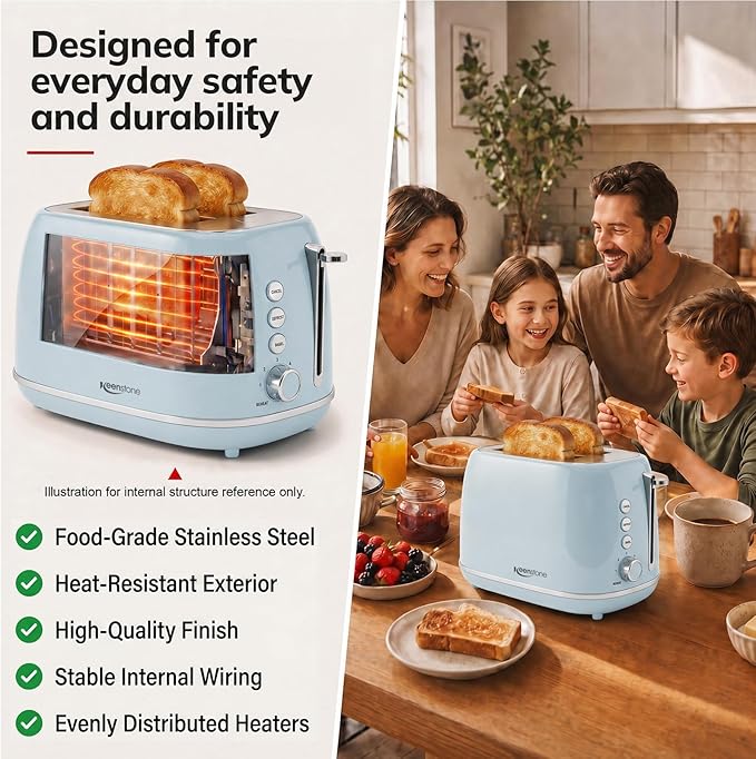 Retro 2 Slice Stainless Steel Toaster with 6 Bread Shade Settings, Bagel, Cancel, Defrost Function, Extra Wide Slot, Removable Crumb Tray, Blue