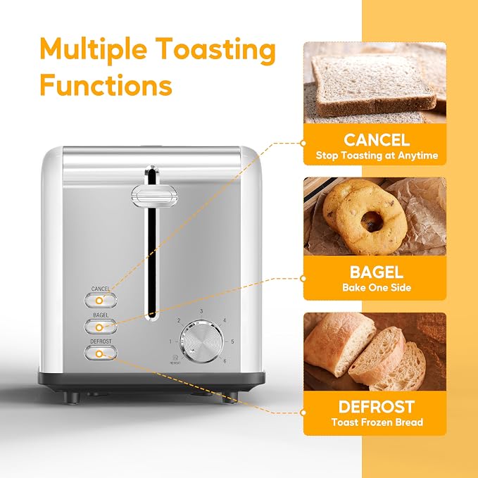 HealSmart 2-Slice Stainless Steel Toaster, 6 Browning Setting and 3 Function Toaster, Extra Wide Slot & Removable Crumb Tray, for Bread & Waffle, White