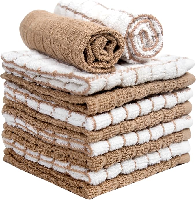 Bumble Dish Cloths (8-Pack), 100% Cotton Kitchen Towels, 12"x12" - Tan | 405 GSM | Soft, Highly Absorbent & Durable Dish Towels for Kitchen
