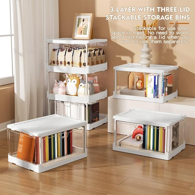 Kmiectse Clear Storage Bins with Lids 3 Pack 【Stackable & Sturdy】 | Plastic Multifunctional Folding Storage Bins for Bedroom, Living Room, Study,Room, 23 QT Folding Box with Magnetic Door