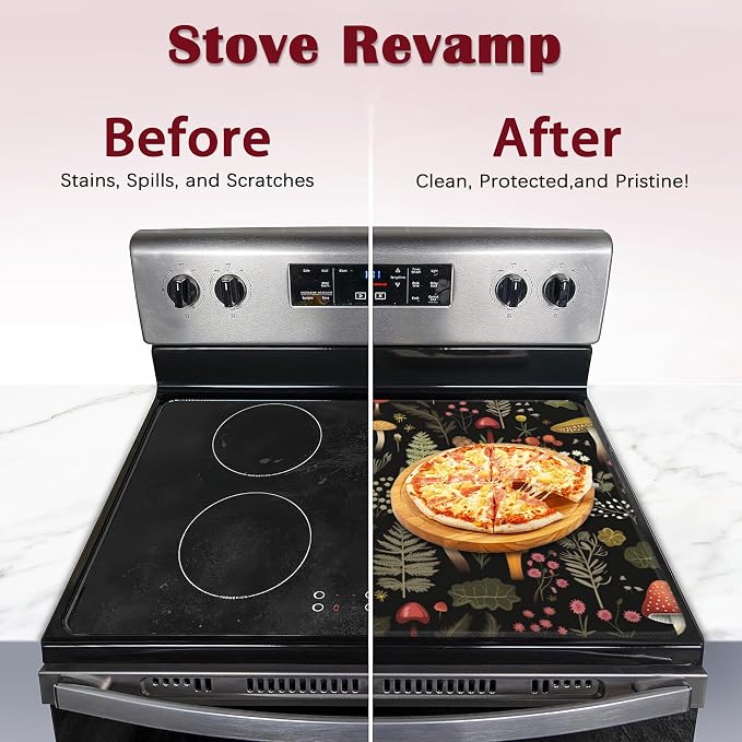 Retro Mushroom Stove Top Cover Glass Cooktop Heat Resistant Cover,Forest Plant Moth Ceramic Stove Top Covers Mat Prevents Scratching Stoves/Counter/Washer Protector, 28x20 in