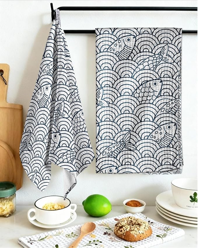 370GSM Cotton Waffle Kitchen Towels, Fish | Pure Cotton, Sustainable, Waffle Weave, Terry Cloth, Highly Absorbent, Decorative, 16"x25", with Hanging Loop