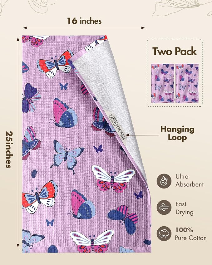 370GSM Cotton Waffle Kitchen Towels, Butterfly | Pure Cotton, Sustainable, Waffle Weave, Terry Cloth, Highly Absorbent, Decorative, 16"x25", with Hanging Loop