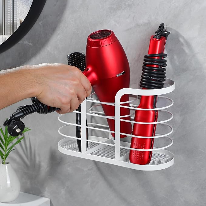 YIGII White Hair Dryer Holder - Adhesive Blow Dryer Holder/Hair Tool Organizer Bathroom Organizer Stick on Wall Mounted Multi-Functional Hair Dryer Rack for Wire Straightener, Shavers | Hair Tool Storage for Blow Dryers, Straighteners and Shavers, No D...