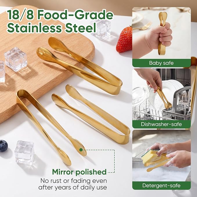 12 Pcs Gold Serving Tongs, Stainless Steel Ice Tongs Mini Sugar Tongs for Kitchen Appetizers, Party. Ting Tongs for Serving Food, Ice, Sugar Cube, Salad, Desserts