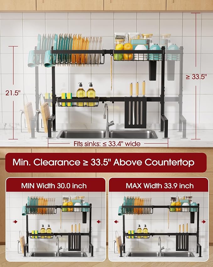 Sakugi Over The Sink Dish Drying Rack - Adjustable 2 Tier Large Capacity Stainless Steel Drainer with Cutlery & Utensil Holders, Kitchen Storage & Organization, 30"-33.9" L x 11" W x 21.5" H, Black