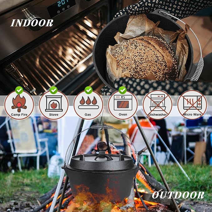 Joyfair Pre-seasoned Cast Iron Camp Dutch Oven with Accessories, 7.6QT Pot | Open Fire Camping Cookware with 2QT Skillet Lid For Outdoor Campfire Cooking - Baking Sourdough Bread, Oven Safe