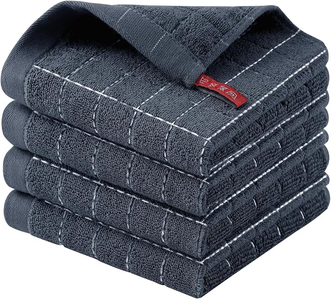 Homaxy 100% Cotton Terry Kitchen Dish Cloths, 4 Pack, Dark Grey | Ultra Soft and Absorbent Dish Towels for Kitchen, Suitable for Drying and Washing Dishes