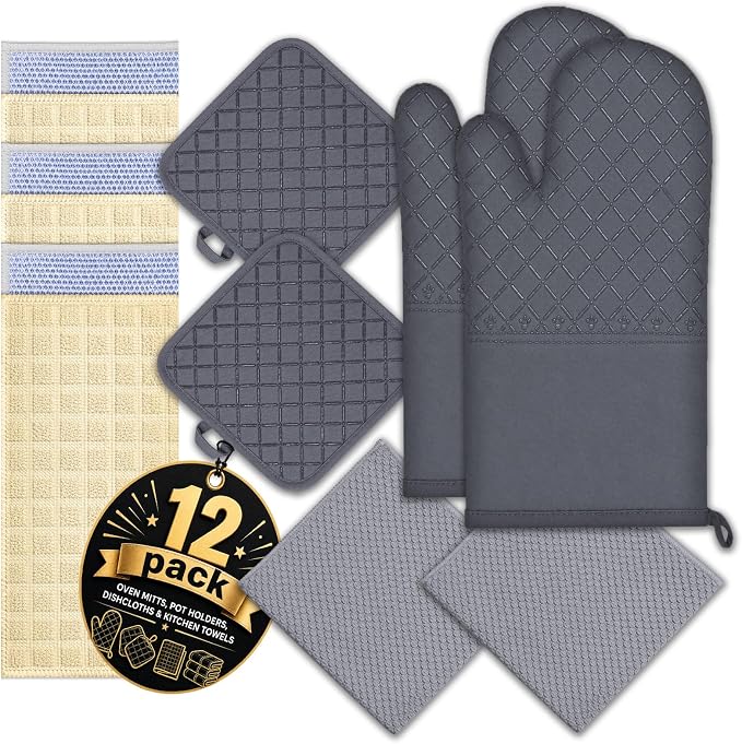 Oven Mitts Pot Holders Kitchen Towels Waffle Weave Dishcloths Sets 12Pcs | Silver Wire Dishcloths, Oven Gloves Pot Pads 500°F Heat Resistant w/Non-Slip Silicone Surface for Cooking Baking Grilling
