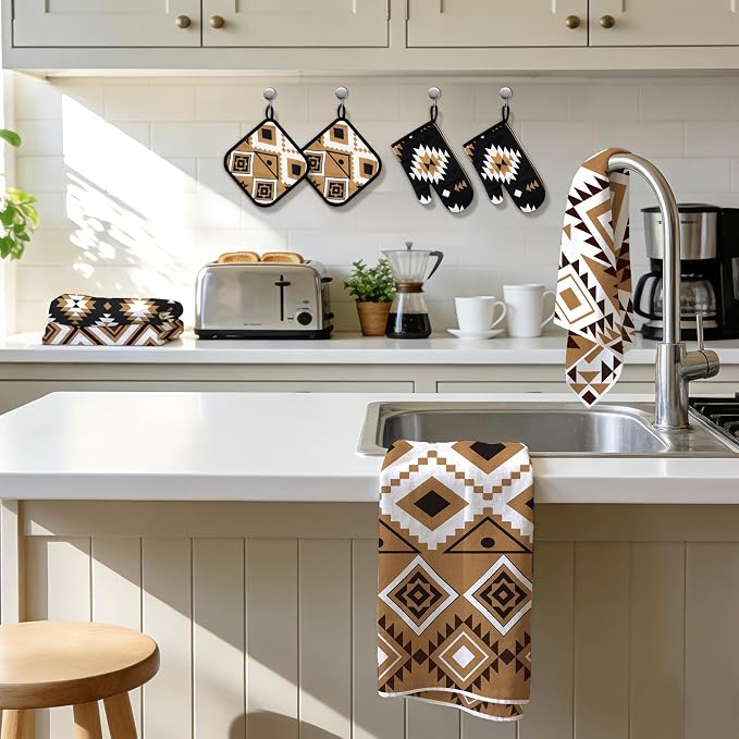 8 Pcs Western Aztec Kitchen Decor Accessories Set Farmhouse Towels Pot Holders Oven Mitts Set 4 Dish Towels 2 Potholders 2 Cooking Mittens Oven Glove for Baking Cooking Mother's Day(Brown,Kitchen)