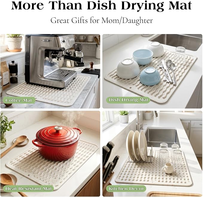 CAKETIME 2 Pack Multicolor Silicone Dish Drying Mat for Kitchen Counter Easy to Clean Waterproof Coffee Station Accessories Heat Resistant Litter Dog Food Supplies Extra Large 24"*18" Ivory White