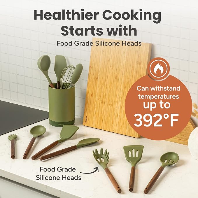 SMIRLY Silicone Kitchen Utensils Set, 22-Piece Acacia Wood Handle, Green | Cooking Utensils Set, Spatula Set with Utensils Holder, for Nonstick Cookware, for New Home & 1st Apartmen, BPA Free