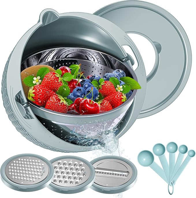 4-1 Strainer with Bowl & Spoons Set - Strainers and Colanders(Patented) - Colanders for kitchen - Food Strainer with New Upgraded Graters & Spoons - Fruit Bowl for Pasta Fruits Veggie- Blue
