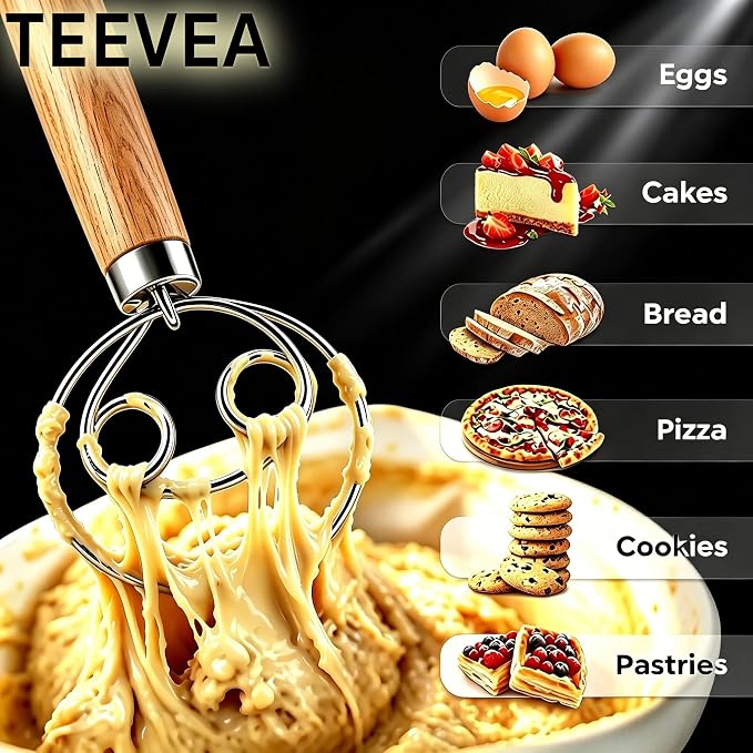 TEEVEA Danish Dough Whisk Stainless Steel Wooden Handle for Sourdough Bread | 4-Loop Food-Grade Steel Dutch Whisk, Even Mixing, Replaces Dough Hook and Mixing Spoon, Nonstick Easy Clean, Sourdough Mixer