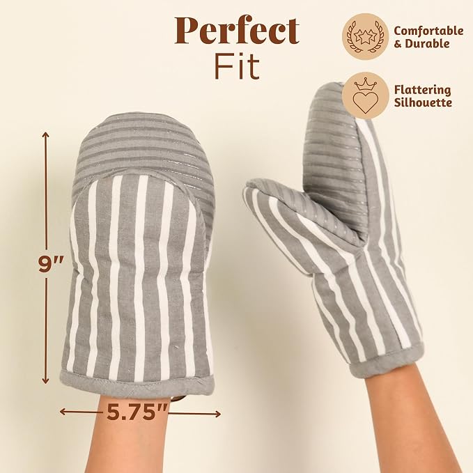 Folkulture Oven Mitts, Striped Gray, Set of 2, Heat Resistant - (5.75"x9") | 100% Cotton, Non Slip, Silicone, Cute Striped Mini Mits with Hanging Loop, Kitchen Décor, Cooking Gifts, New Home Essentials