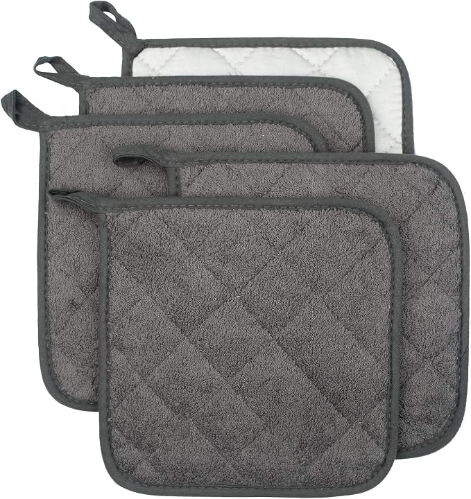 Pot Holders for Kitchen, 100% Cotton Terry Pot Holder Set of 5, Heat Resistant Hot Pads for Cooking, Baking, Hot Dishes and Countertop Protection, Mineral Gray