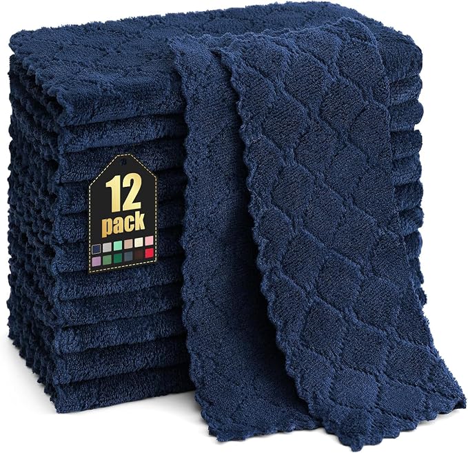 Homaxy 12 Pack Super Soft & Absorbent Dish Cloths, 10" x 10", Navy Blue | Coral Velvet, Nonstick Oil Fast Drying Microfiber Cleaning Cloth, No Lint Household Dishcloths