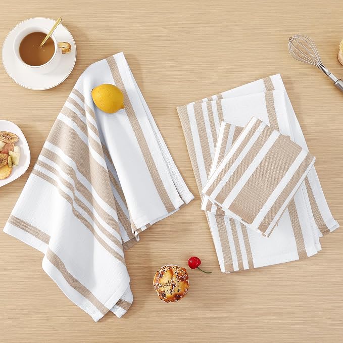 Homaxy Premium Cotton Stripe Kitchen Towels 8 Pack, 18"x 28", Khaki | Large 380 GSM Kitchen Hand Towels, Soft Terry Dish Towels, Highly Absorbent Tea Towel Set with Hanging Loop