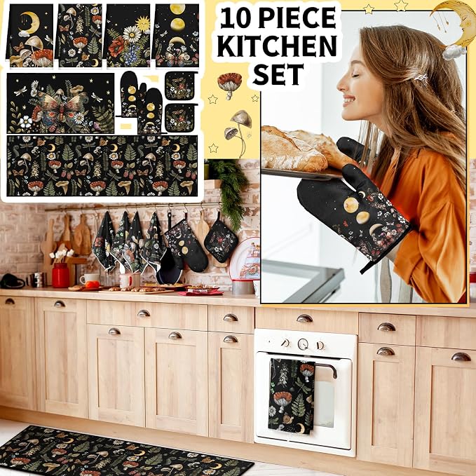 Fourluoo 10 Pcs Kitchen Dish Towels Rugs Oven Mitts and Pot Holders Set Farmhouse Kitchen Decor Set for Women Mom Daughter Gift Cooking Baking Grilling(Rustic Color,Rustic Bohemia)
